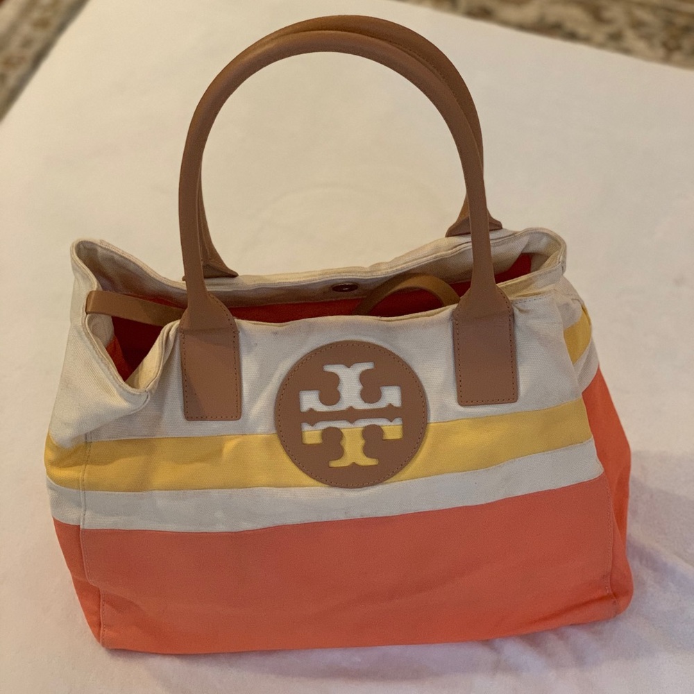 Tory Burch White, Yellow, Peach, and Tan Beach Bag!